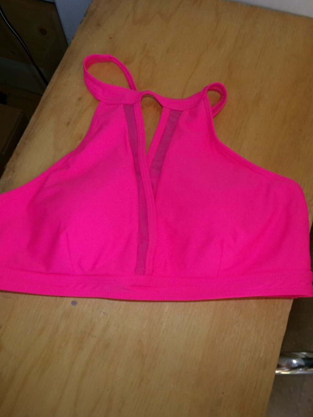 Hot Pink High Neck Bikini Top with Mesh Cutout Detail Sz L